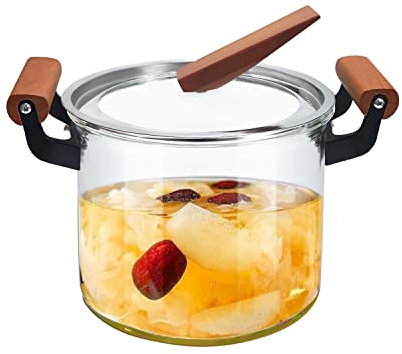 ABHOME Cacerola de vidrio con tapa para cocinar olla de vidrio, estufa de 5 l resistente al calor de madera doble asas estufa vidrio transparente para cocinar leche, pasta y alimentos para bebés