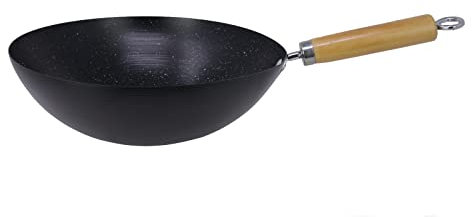 Carbon Steel Wok Non-Stick with Wooden Handle Stir Fry Pan Deep Frying Traditional Cooking Chinese Asian Curry Pan Flat Bottom Base Wok, Black (30cm)