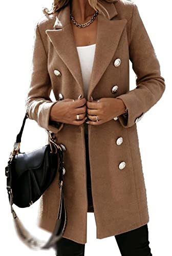 WJANYHN Autumn and Winter Leisure Exquisite Fashion Long Sleeve Suit Collar Double Breasted Nizi Jacket Windbreaker Coat Women, Khaki, S, khaki, S