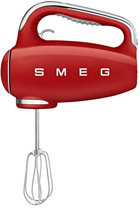 Smeg HMF01RDUK Hand Mixer with Turbo Function, 3 Attachments, LED Display, Retro 50's Style, 250W, Red