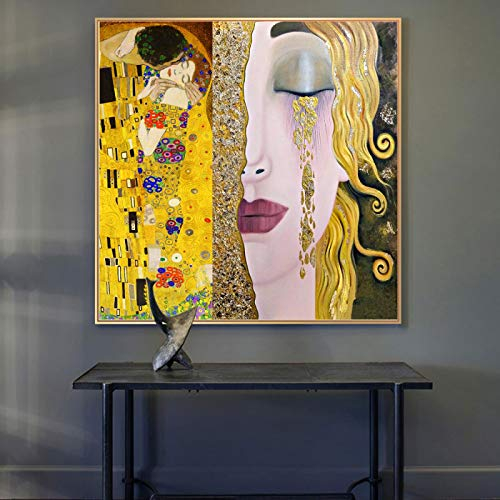 Gustav Klimt Kuss und Tränen Gold Home Wall Decor Leinwand Gemälde an der Wand Kunst Poster und Drucke Klimt berühmte Kunstbilder 80 x 80 cm (31 x 31 Zoll) mit Rahmen
