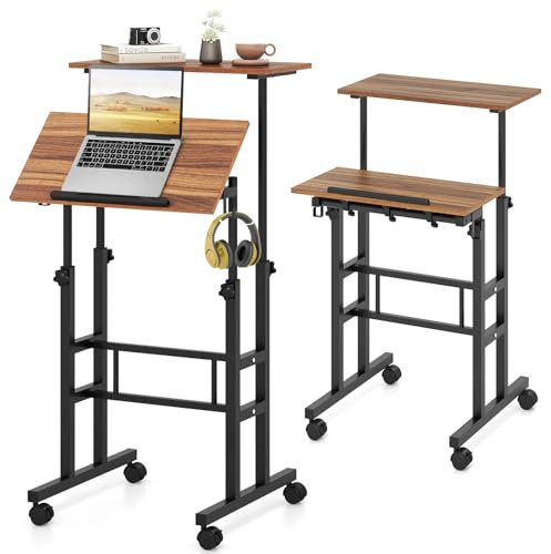 LIFEZEAL Escritorio de pie con Ruedas, Mesa móvil de Ordenador de Altura Ajustable, Estación de Trabajo de Pie con Bandeja para Oficina, Dormitorio y salón, 60 x 55 x (72-124) CM (Nuez)
