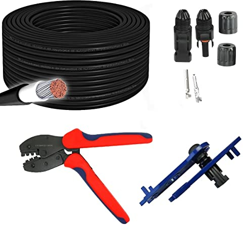 100m ARLI Solarkabel H1Z2Z2-K 6mm² Schwarz + Crimpzange + 10 Paar Solarstecker/Buchse IP68 1500V für 2,5/4/6mm² + Schraubenschlüssel Werkzeug Set