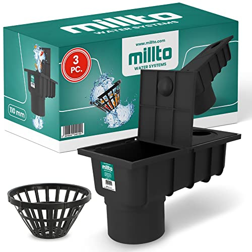 Millto 3X Regensinkkasten mit Sieb 110mm Regenwasserablauf Dachrinnenablauf Hofablauf Entwässerung Abflusstrichter Gully Siphon Gechteckiger Kontrollschacht Rückstauverschluß Geruchsklappe