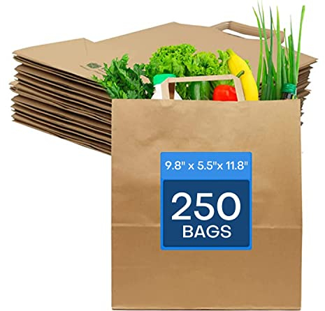 Mega Packaging Paper Bags with Handles – 250 Large Paper Bags 9.8''(W) x 5.5''(D) x 11.8''(H), Brown Large Paper Bags With Handles – Perfect Lunch, Party, Gift, Storage, Packaging, Cake, Grocery