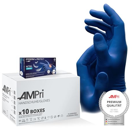 AMPri Nitrilhandschuhe, Low Derma, metallblau, 10 Box a 100 Stk, Größe XL, puderfrei, EpidermProtect by Med-Comfort: Nitril Einmalhandschuhe, Einweghandschuhe in den Größen XS, S, M, L, XL