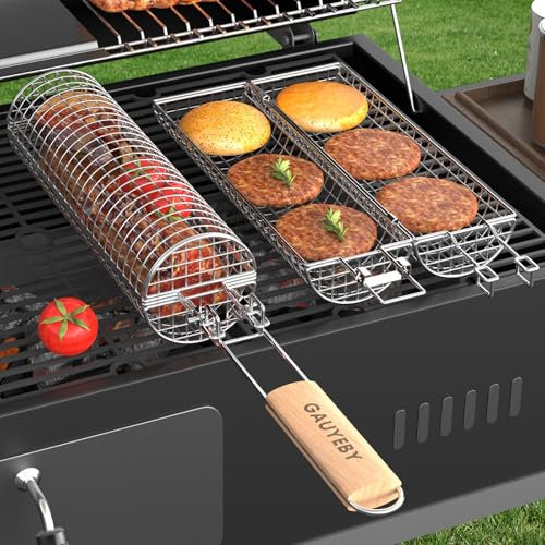 GAUYEBY Grill Basket, Rolling Grilling Baskets for Outdoor Grilling, Stainless Steel Folding Portable Round Grill Net Tube for Meat, Shrimp, Vegetables, Grill Accessories, Gifts for Father, Husband