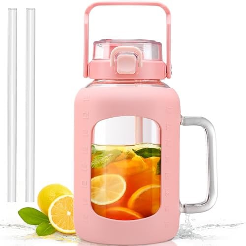 HYDRAGLAZIC 2 litres Bouteille d'eau en Verre avec Poignée Gobelets en verre 2L avec Paille et Couvercle Motivationnel Gourde de Sport avec Indicateur de Temps et de Capacité Anti-fuite, Rose