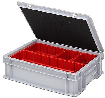 Einsatzkasten Einteilungs-Set für Eurobehälter, Schubladen mit Innenmaß 362x262 mm (LxB), 102 mm hoch, verschiedene Größen/Farben (4er Mix Set inkl. Box + Deckel, rot)