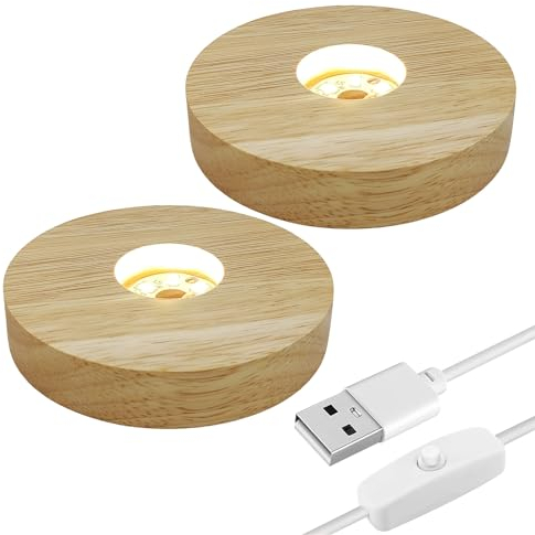 luolety Runde Basis aus Holz mit LED, 2 Stück, Sockel aus Holz, rund, 10 cm, LED-Display aus Holz, für Kunst aus Kristallglas (warmes Licht)