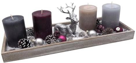 Adventsgesteck Tablett Grau Kerzen Grau Beere Braun Hirsch Silber Weihnachten Deko