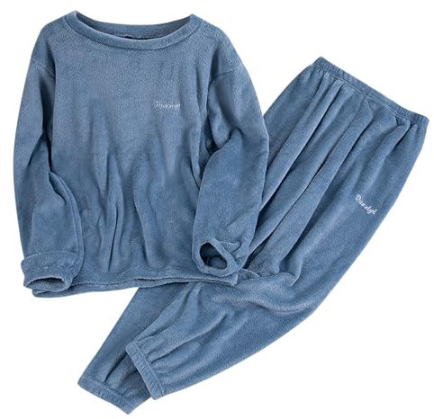 Beokeuioe Pigiama da uomo in pile caldo, a maniche lunghe, per uomo, invernale, in peluche, elegante, pigiameria, pigiama in due pezzi, idea regalo per uomo, Blu marino, M