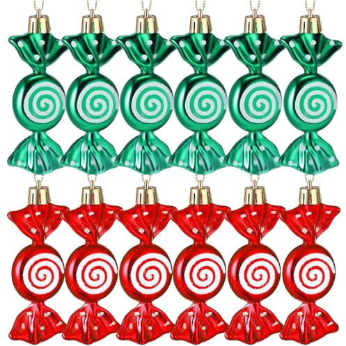 Threan 12 Pcs Christmas Candy Ornaments Hanging Glitter Candy Cane Decoration xmas Tree Peppermint Ornament with Golden Rope for Xmas Halloween Decoration(Red, Green,Plastic)