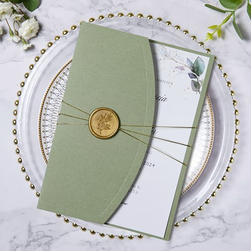 ponatia Hochzeitseinladungskarten, Umschlagkarten, Umschläge, goldene Wachssiegel, Bänder, Babypartys, Geburtstage, XV Años, Quinceañera-Einladungen, 12,7 x 17,8 cm, 20-teilig, Salbeigrün