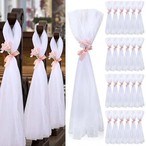 YLOLUL 24 Stück Hochzeitskirchenschleifen, Hochzeitsgang-Dekorationen, 61 cm, Hochzeits-Birnenschleifen, Tüll mit künstlichen Blumen, Hochzeitsdekoration, Stuhlschleifen für Kirche, Brautparty
