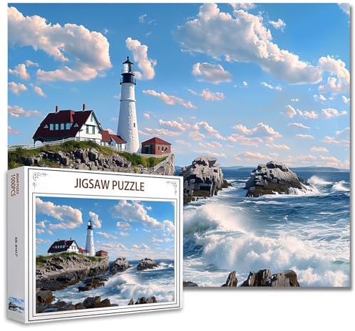 Tucocoo Seascape Leuchtturm-Puzzle, 1000 Teile, Puzzles für Erwachsene, amerikanische Landschaftskunst-Puzzles für anspruchsvolle Familienaktivitäten, buntes DIY-Bastelpuzzle für Heimdekoration