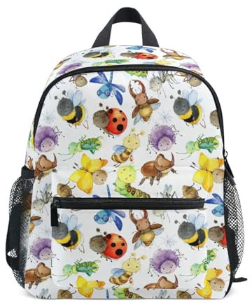 Niedlicher Kinder-Rucksack für Jungen und Mädchen, niedlicher Schulranzen mit Brustgurt, Cartoon-Insekten, Aquarell, Käfer, Größe S, Cartoon-Insekten, Aquarell, Käfer, S