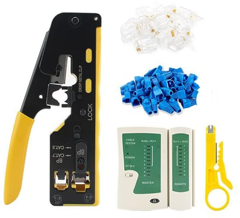 WYFCR Strumenti Kit RJ45 di Rete/Tester Cavo Ethernet/Pinza Crimpatrice RJ45 / Connettore RJ45 Cat7 / Tester di Rete Lan/Spina a crimpare/Connettori Cat 7 RJ45 50 pezzi