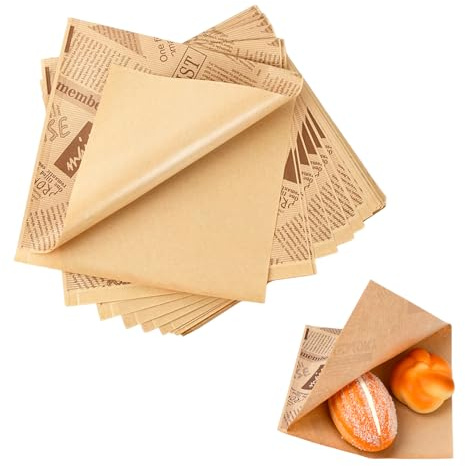 Dokeno 100 Stück Snacktaschen, 18×18cm Burger Papier Fettdicht Sandwich Wrap Papier Lebensmitteltüten, Alter Zeitungsdruckstil Deli Papierblätter Taschen Öffnen Sich auf Zwei Seiten für Käse Pommes