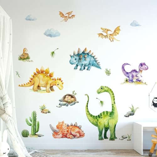 Tanlaby Wandtattoo Dinosaurier Set Wandsticker Dschungel Dino Kaktus Wandaufkleber Aquarell Dino Wanddeko Sticker für Jungen Babyzimmer Kinderzimmer Spielzimmer