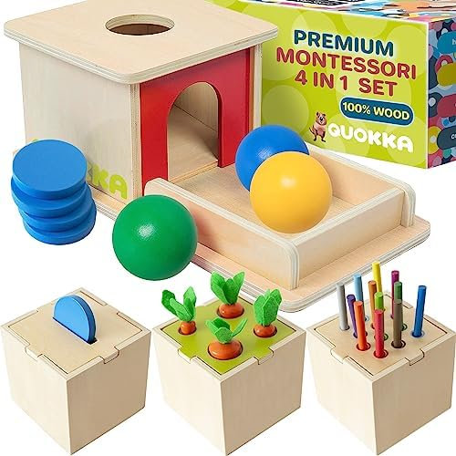QUOKKA 4 in 1 Montessori Spielzeug Ab 1 2 3 Jahr - Motorikspielzeug ab 1 2 Jahr - Baby Holzspielzeug ab 6 9 18 Monate - Objektpermanenz Sortierspiel - Geschenk Für Jungen und Mädchen