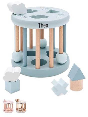Bärenfreunde® - Personalisierter Formen-Sortier-Rad aus Holz - Montessori Würfel - Baby Motorikspielzeug ab 1 Jahr - Baby Spielzeug 1 Jahr (blau, mit Name)