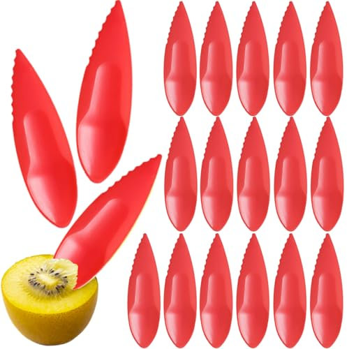 Pack of 16 Kiwi Plastic Spoons, Kiwi Spoons, Kiwi Knife, Plastic Grapefruit Spoon, Fruit Peeler Cutter Spoon for Kiwi, Passion Fruit, Kitchen Accessories (Red)