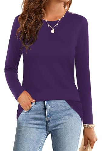 Elesomo Womens Tshirts Crew Neck T-Shirt Casual Long Sleeve Tops for Leggings, Purple UK 14 16