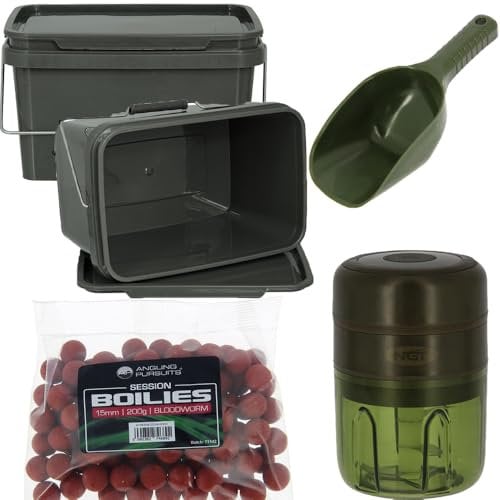 Fishing Bait Grinder Electric USB Rechargeable with 5L Storage Bucket Secure Locking Lid and Handle, 200g Boilie Bag & Bait Spoon Spod Mix Bait Crusher Carp Portable, Easy to Clean