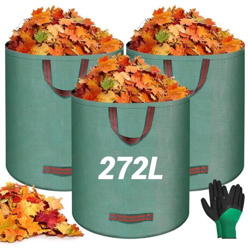 NXPZ 3X 272L Sacchi per Rifiuti da Giardino con 4 Manici, Sacchi da Giardino, Impermeabili, Design Autoportante, Sacchi per Foglie Pieghevoli, Resistenti e Durevoli, per Foglie, Erbacce, Rifiuti