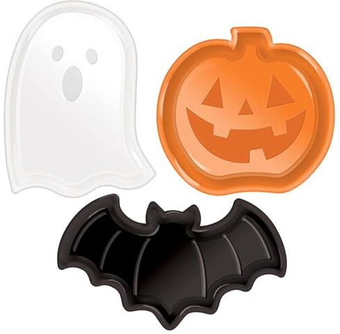 Bandeja para servir por Halloween, platos de Halloween de plástico de 3 piezas, lindos platos de calabaza fantasma de murciélago, plato de caramelo portátil para alimentos, arroz, bocadillos, verdura