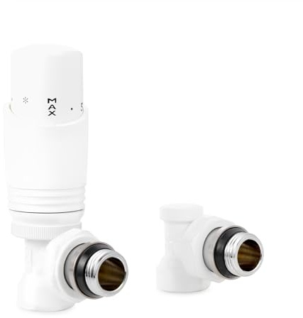 VANCOCO G1/2 Thermostatventil + Rücklaufventil mit verbessertem Dichtring, Eckform für Heizkörper, Weiß, mit Flüssigfühler und Frostschutzstellung