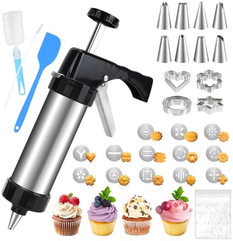 Mulaibdin Cookie Press Set, DIY Stainless Steel Cookie Press Kit with Biscuit Cutters Cookies Discs Piping Tips, Dessert Decorating Molds Supplies for Baking Cake