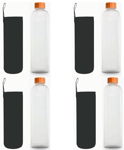 Lot de 4 bouteilles d'eau en verre avec bouchon en bambou, écologique, recyclable, réutilisable, sans toxines, sans BPA (4 bouteilles sans devise + étui noir, 1500 ml)