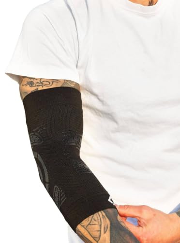 FLOKY Elbow Support gomitiera biomeccanica. Multisport. Stabilizza il gomito. Riduce le infiammazioni articolari ed il recupero. Protegge tendini e muscolatura. Design ergonomico. Nera. (M/L)