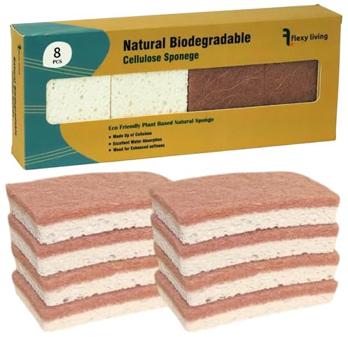 Eco Sponge Washing Up 8 Pack Natural Cellulose Eco Sponges Scourers | Plant-based kitchen sponges absorbent, biodegradable, suitable for dishes, pans, glassware, and everyday kitchen cleaning