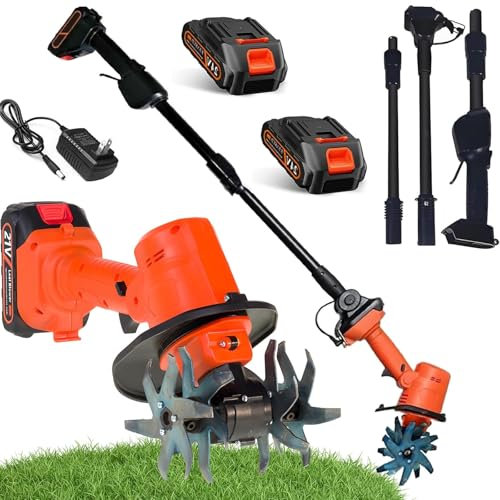 Motoculteur, motobineuse, 235 TR/Min, 4 rangées de Dents, Largeur de Travail 10 cm, Profondeur, 2 Batteries 1500 mAh, Perche télescopique, Convient aux Jardins, fermes et pelouses.