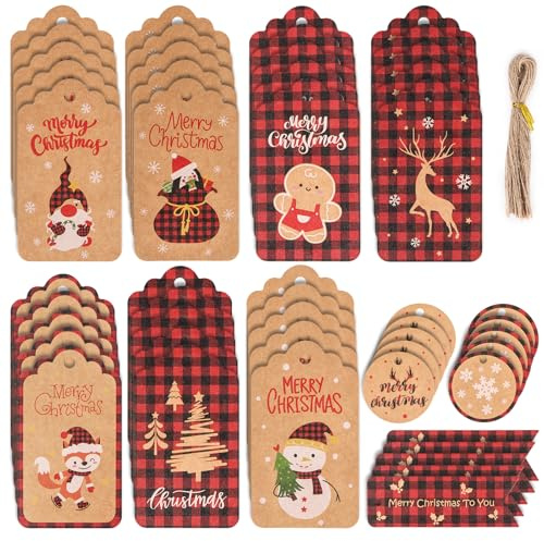 50pcs Christmas Tags for Presents,10 Design Xmas Gift Labels with 50pcs Jute String for Gift Wrapping Party Christmas Tree Decoration (B)