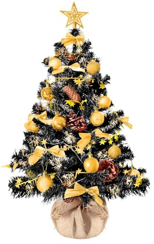Weihnachtsbaum künstlich (WBD) 90 cm schwarz mit Weihnachtsdeko Gold und Led Lichterkette mit Batteriebox und Fernbedienung künstlicher Christbaum klein Tannenbaum