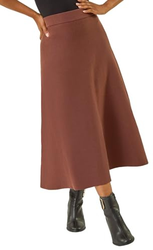 Roman Originals Knitted Skirt for Women UK Ladies Midi Maxi Full Length Winter Autumn A-Line Swing Pull On Smart Casual Work Office Elasticated Waist Flattering Knit Knitwear - Petite Brown - Size 14
