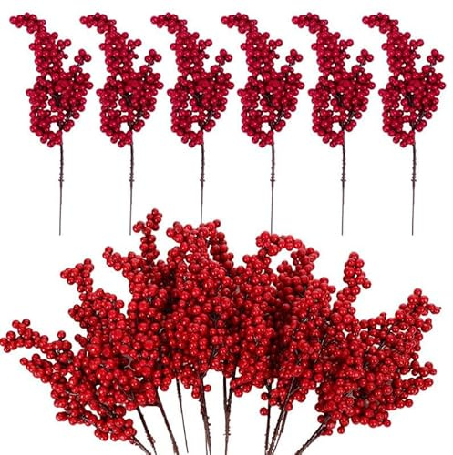 Sanivovonu 20 Stück Künstliche Rote Stechpalmen Beeren - Holly Berry Beerenzweig für Christbaumschmuck und Weihnachtskranz - Dekorative Zweige mit Beeren