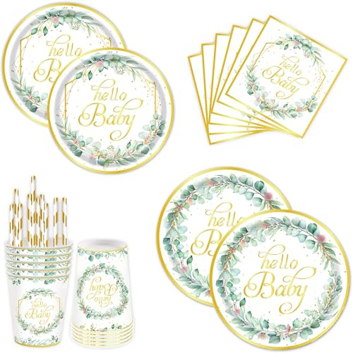 ASSUGO Babyparty deko Junge mädchen partygeschirr Set,60 stüke deko eukalyptus pappgeschirr Set, Enthält servietten babyparty pappteller grün,Beche,Strohhalme,für Jahrestag, Kindertaufen