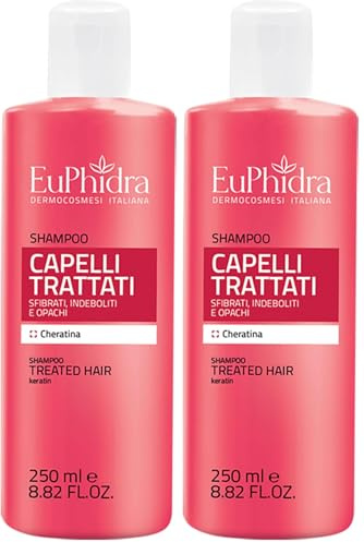 Euphidra, Shampoo Capelli Trattati, Flacone 250 ml, Riparatore e Rinforzante con Cheratina per Capelli Stressati, Secchi e con Doppie Punte, Senza SLES e Conservanti Aggiunti (Confezione da 2)