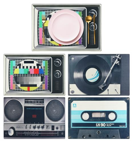 Lvjkes 4 Stück Vintage Platzset, 30 x 45 cm Tischsets Abwaschbar-RetroStil | Nostalgie-Thema, TV, Kassetten, Vinyl-Plattenspieler, Hifi-Elemente, Platzsets aus Leinen, Geeignet für RetroStil-Liebhaber