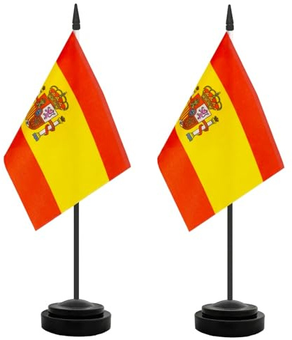 AURALIN Banderas de mesa España 2 unidades 21×14 cm con base decoración | Mini banderas con soporte para escritorio bufé bar oficina celebraciones nacionales eventos deportivos y reuniones