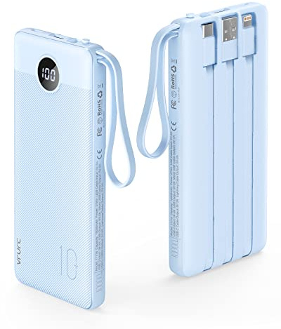 VRURC Power Bank mit 4 Kabel 10000mAh Powerbank Tragbares Ladegerät USB C Externer Handyakkus LED Display mit 5 Ausgängen 2 Eingänge Kompatibel mit iPhone/Huawei/Samsung Smartphone Android usw