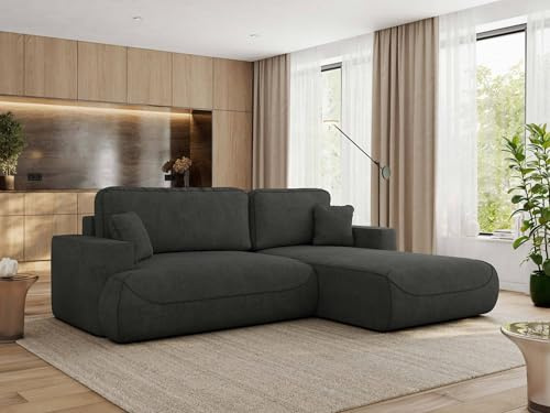 MKS MEBLE Ecksofa Wohnlandschaft L-Form mit Schlaffunktion und Bettwäscheschrank, Schlafsofa mit Bettkasten, modernes Sofa OVO L - Rechts - Dunkelgrau Strukture