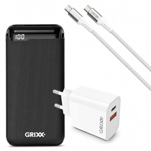 GRIXX Powerbank Bundle 20.000mAh + USB-C Schnellladegerät 20W + USB-C Kabel 2 Meter, 18W Power Delivery, Für iPhone, Samsung & USBC Smartphones