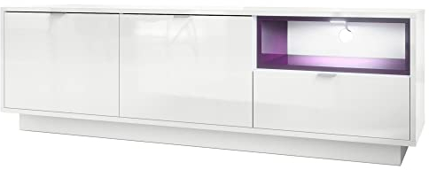 Vladon TV Board Lowboard Metro, Made in Germany, Korpus in Weiß Hochglanz/Fronten in Weiß Hochglanz mit Einsatz in Brombeer Hochglanz, inkl. LED Beleuchtung