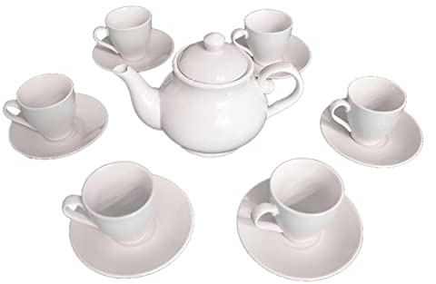 Hogar y Mas Juego de Café Barista Clássic de 6 Tazas y 6 Platos y cafetera de cerámica Blanca
